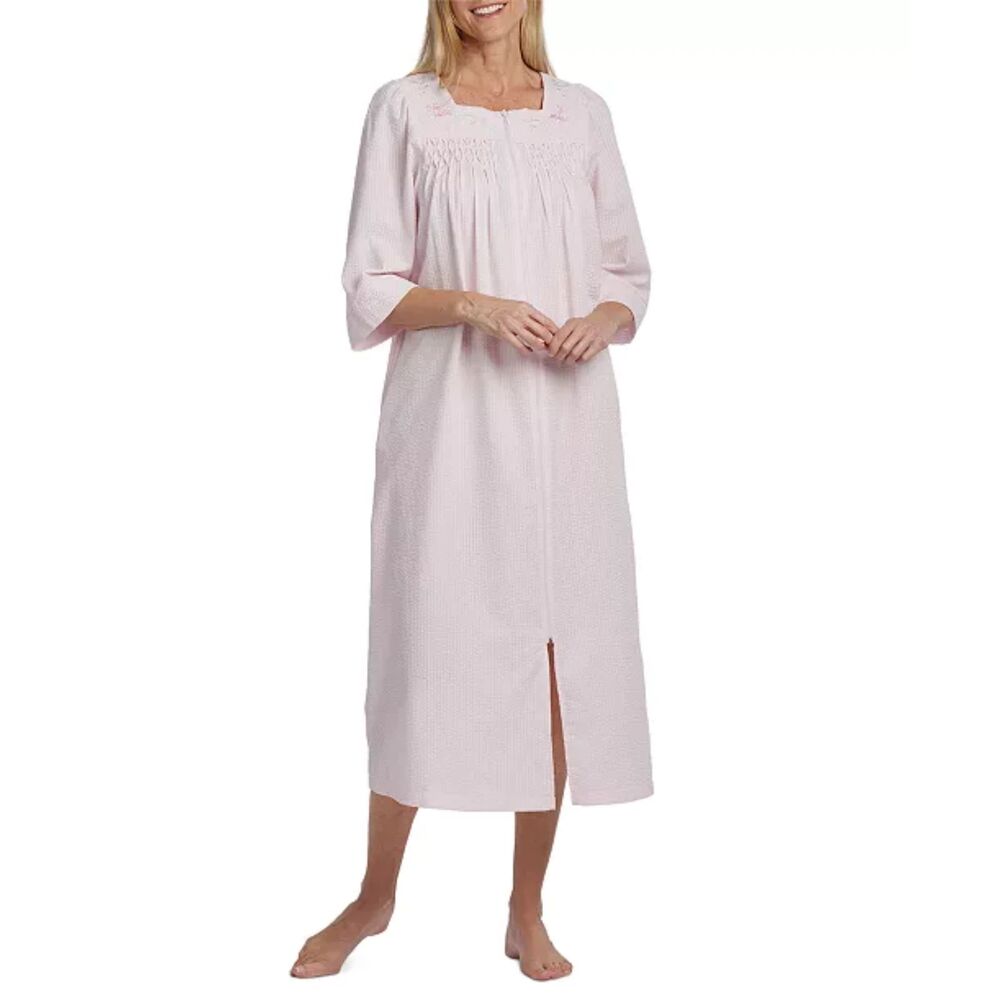 Miss Elaine Long Zipper Embroidered Seersucker Robe Pink Cotton Size M Prairie
